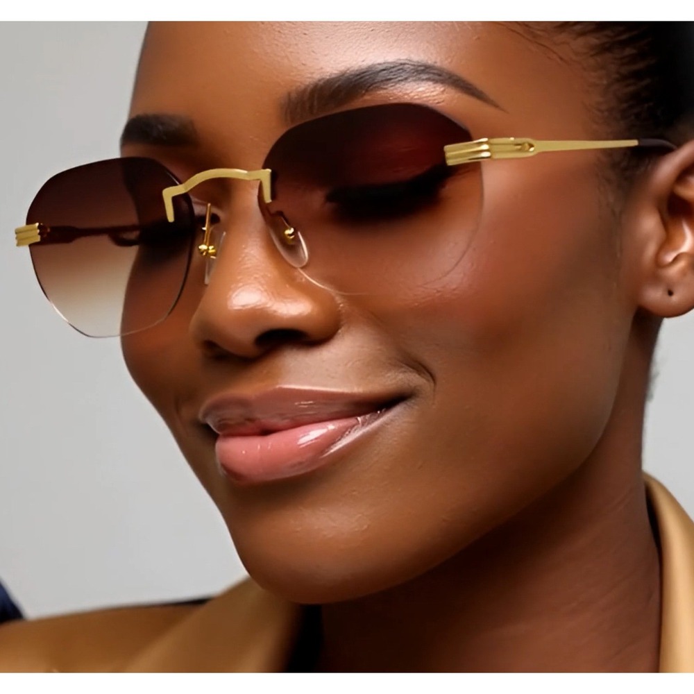 Rimless Sunglasses Women Gold Frame Brown Lens Fashion Light Weight Lentes Gafas